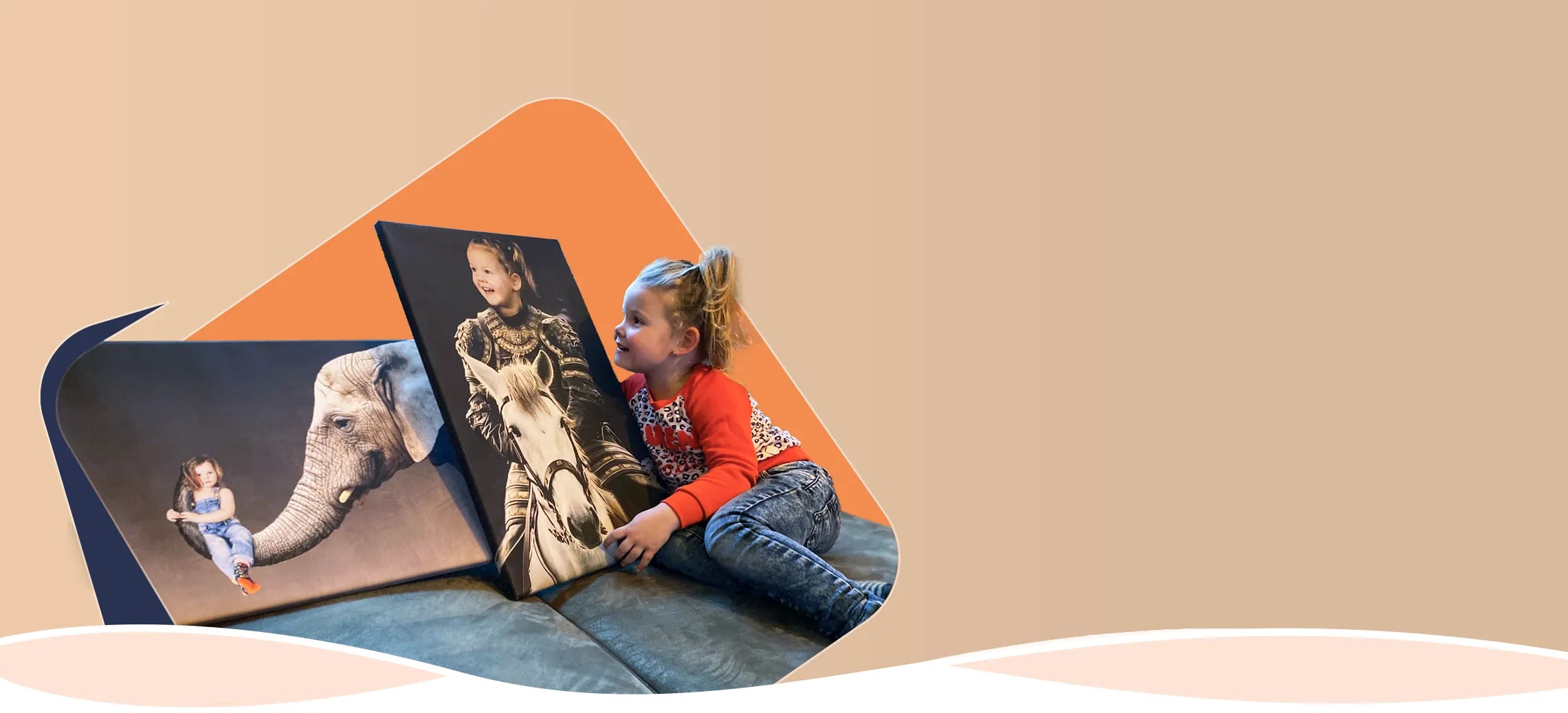 Girl sitting next to two fabulous portraits