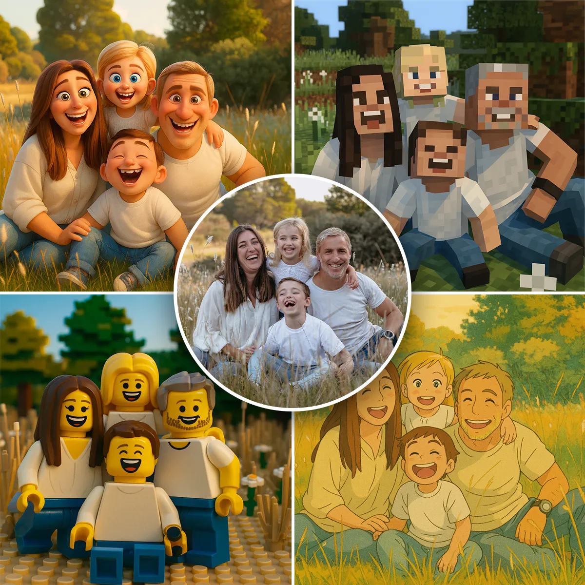 Collage of a family in various AI styles
