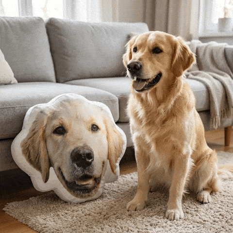 dog playing with custom pillow shaped like his head in living room