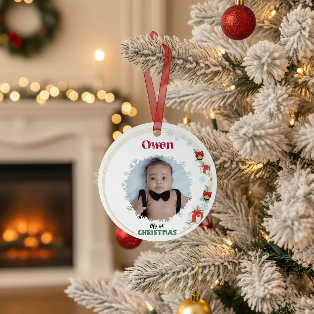 Personalized Christmas ornament with a child's photo on a decorated tree.