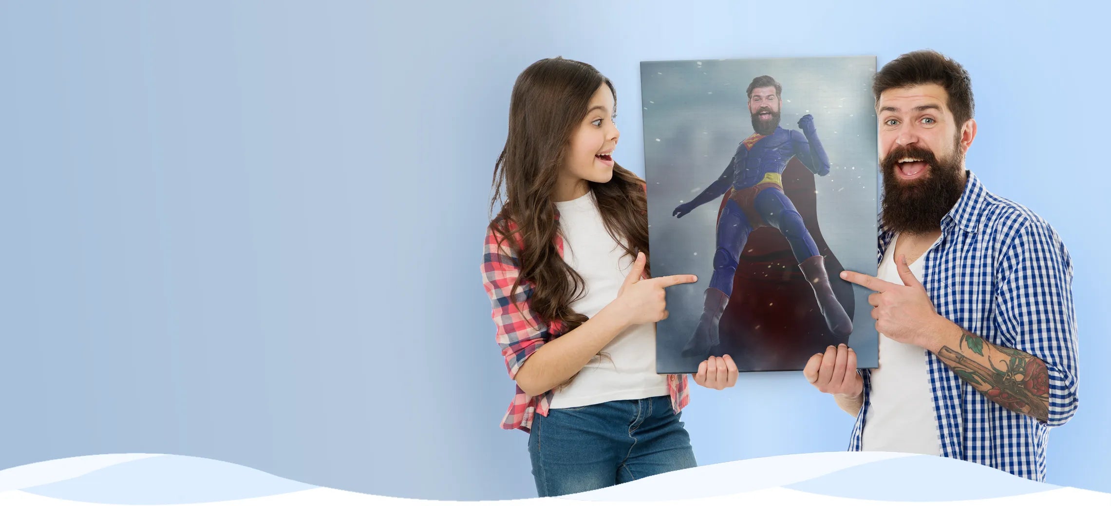 Daughter and father holding dads superhero portrait