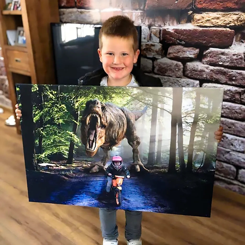 child with personalized dinosaur portrait on canvas