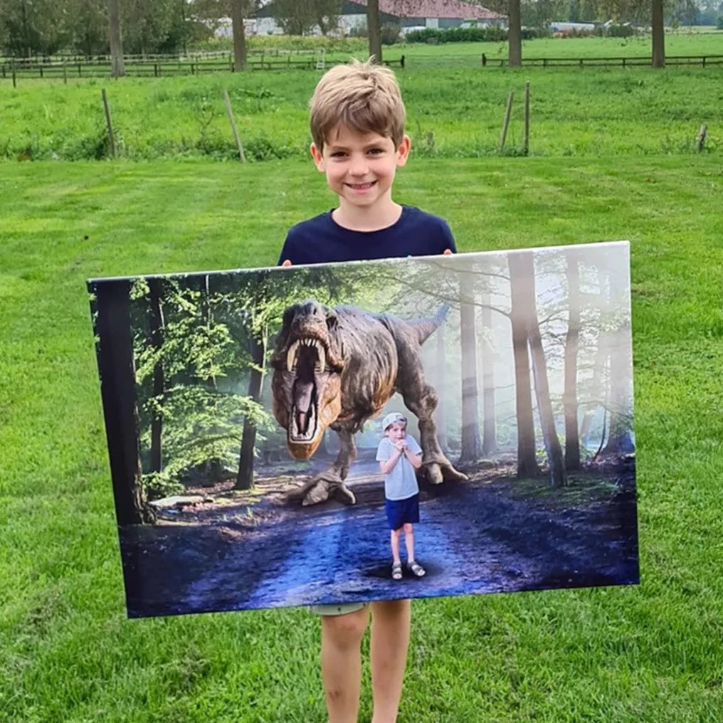 Boy holding Custom Dinosaur portrait canvas
