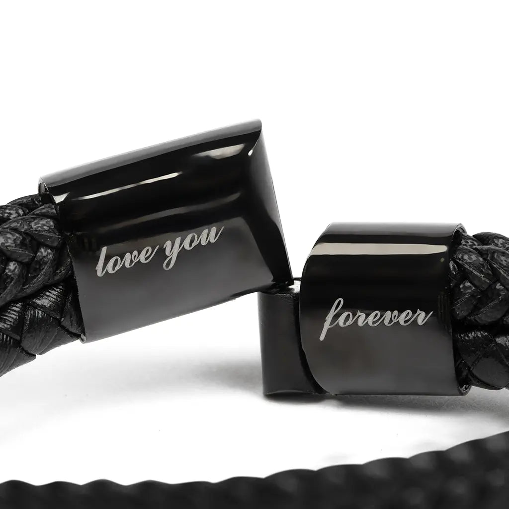 Black braided bracelet with 'love you forever' text on a white background