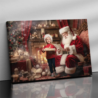Santa reading his list with child in front of him canvas wall art