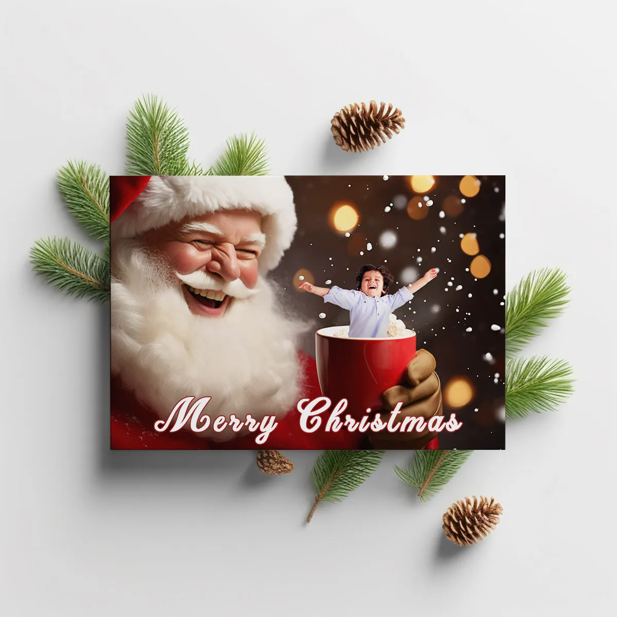 Personalized Christmas card with photo of Santa's Mug