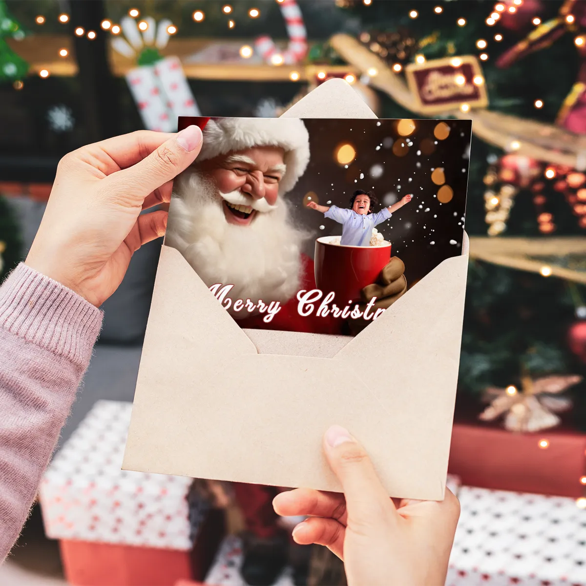 Personalized Christmas card with Santa's Mug holding in hands
