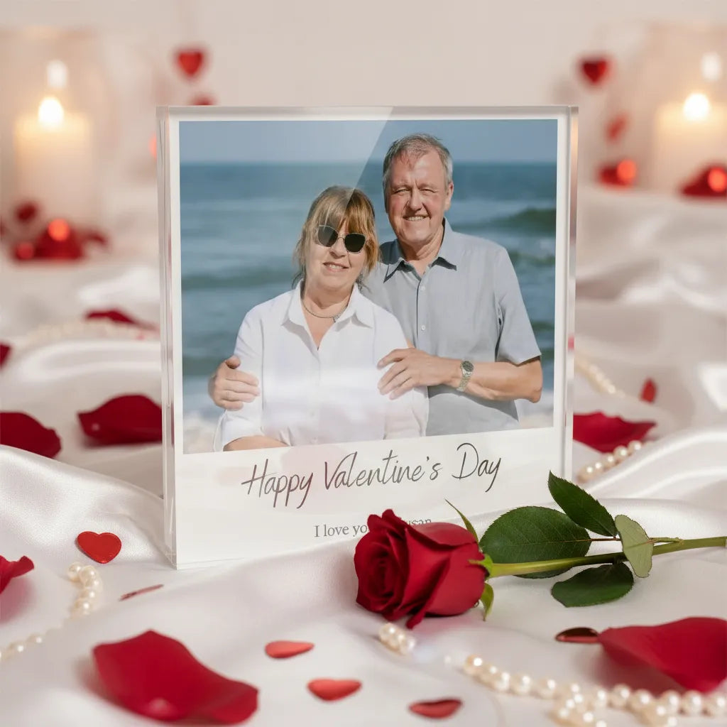 Acrylic glass photo block of a couple with 'Happy Valentine's Day' text, surrounded by red roses and candles.