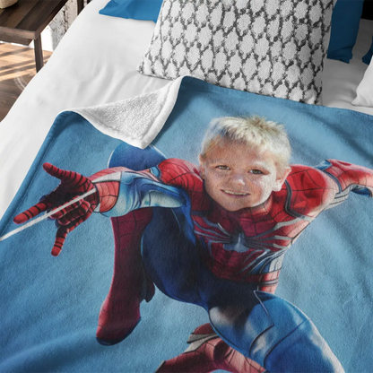 close up of personalized spiderman blanket