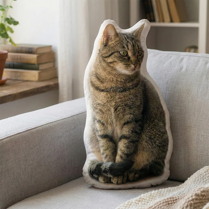 Cat-shaped pillow with a cat sitting inside on a couch