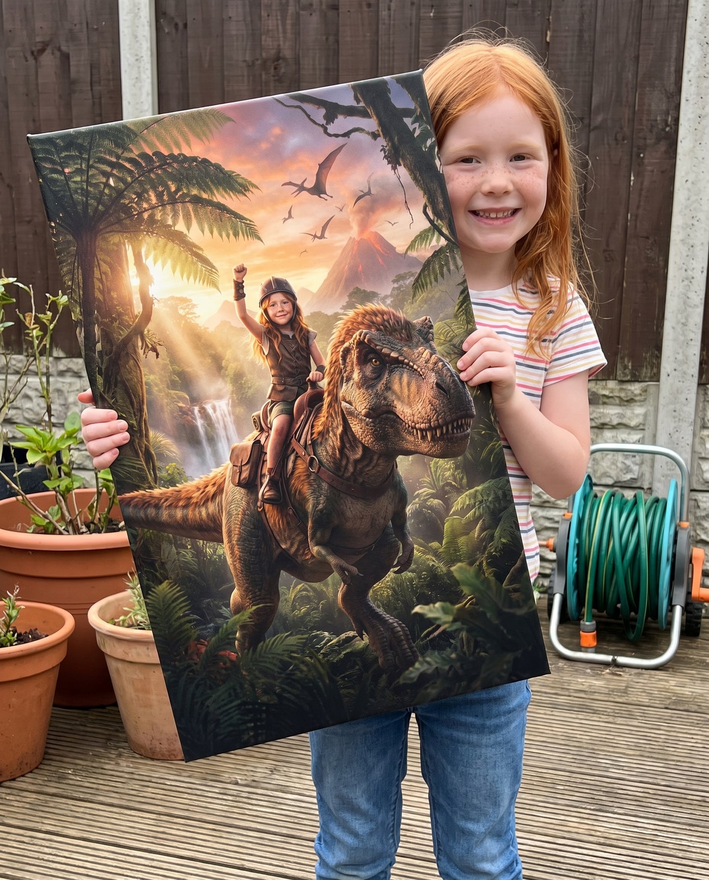 A young girl with red hair stands on a wooden deck holding a large printed canvas or poster featuring a prehistoric jungle scene with a dinosaur and a rider. The background shows potted plants, a hose reel, and a wooden fence.