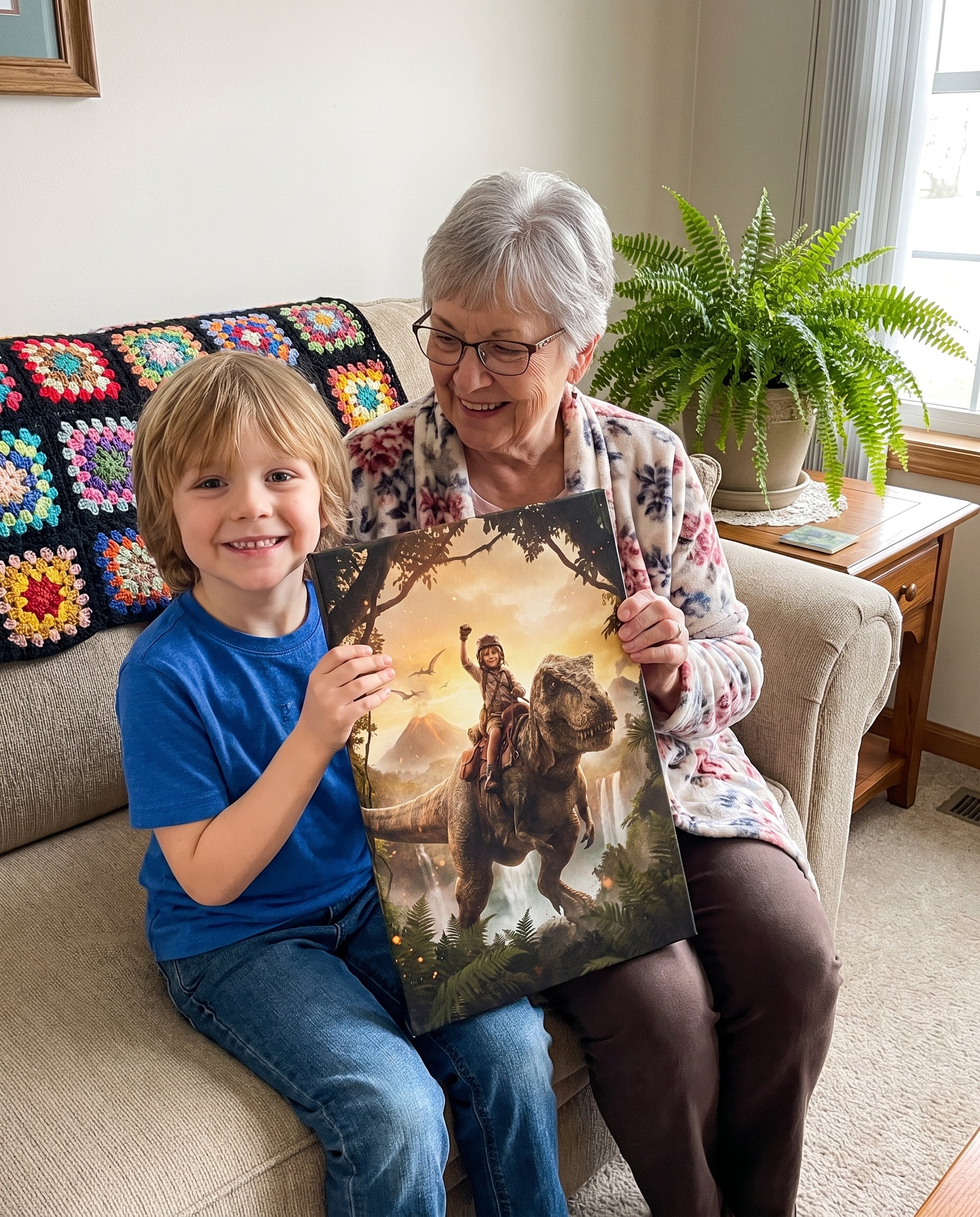 grandma and grandson sitting on a couch, both holding up a personalized dinosaur portrait canvas