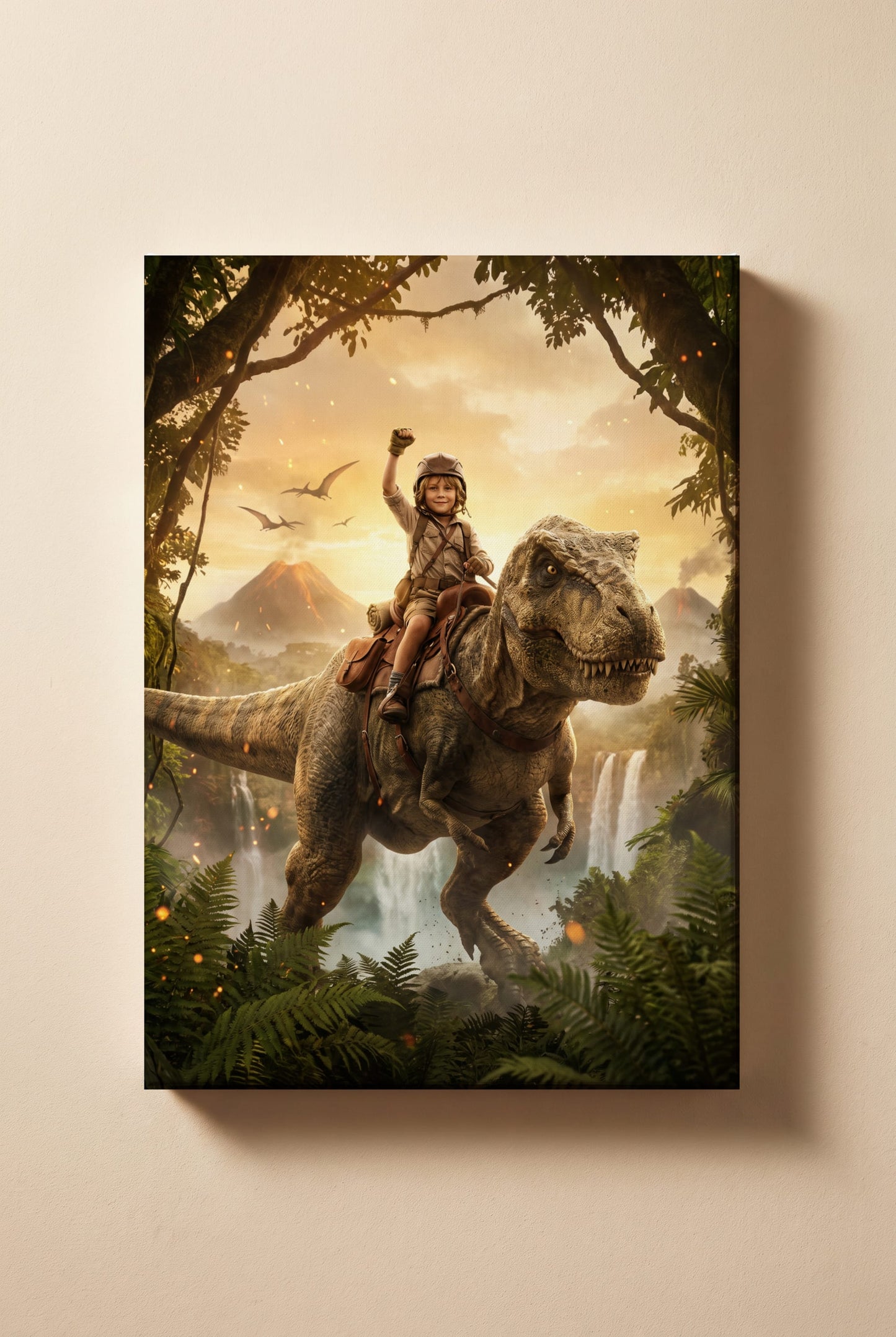 Personalized dinosaur rider artwork shown on canvas