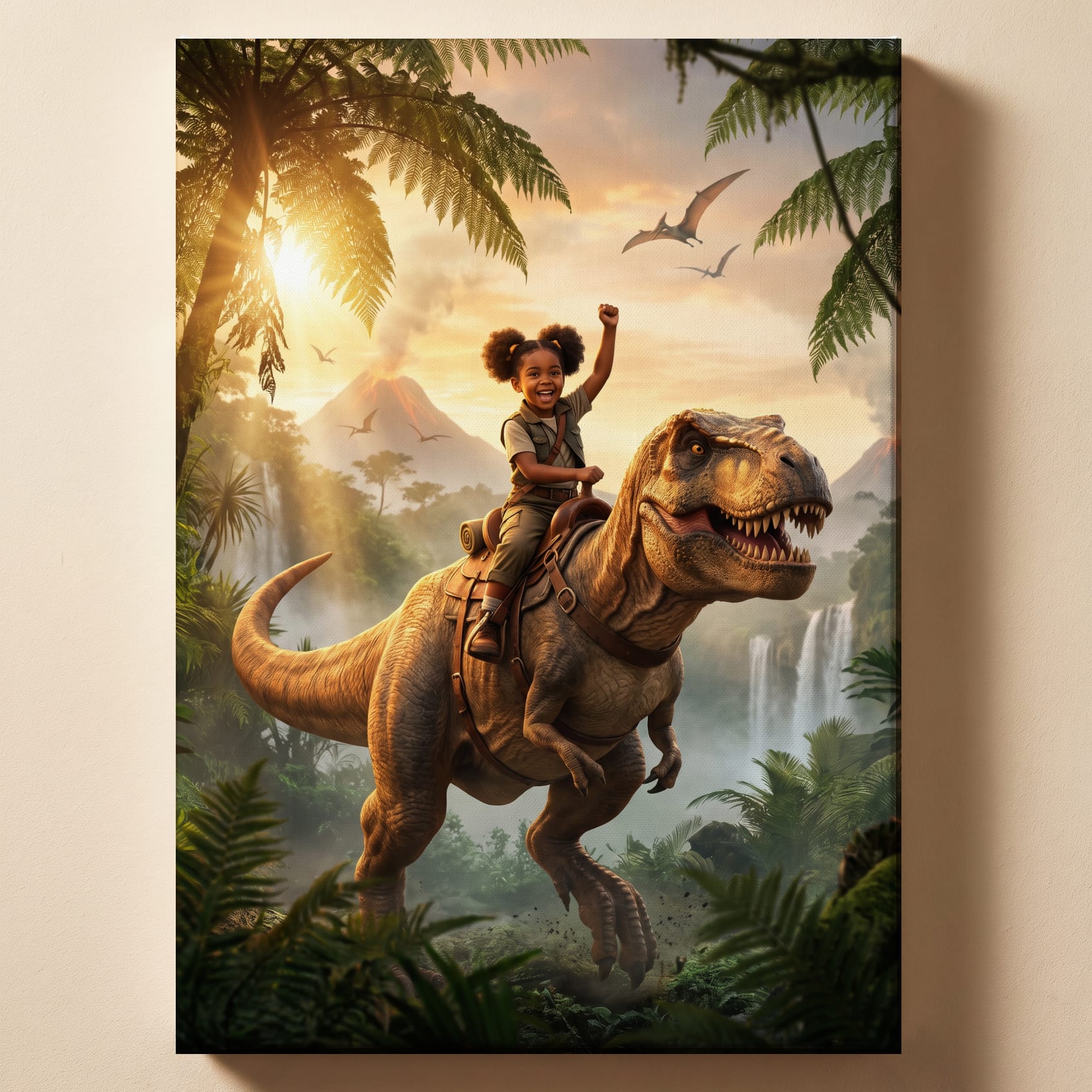 Personalized dinosaur rider artwork shown on canvas