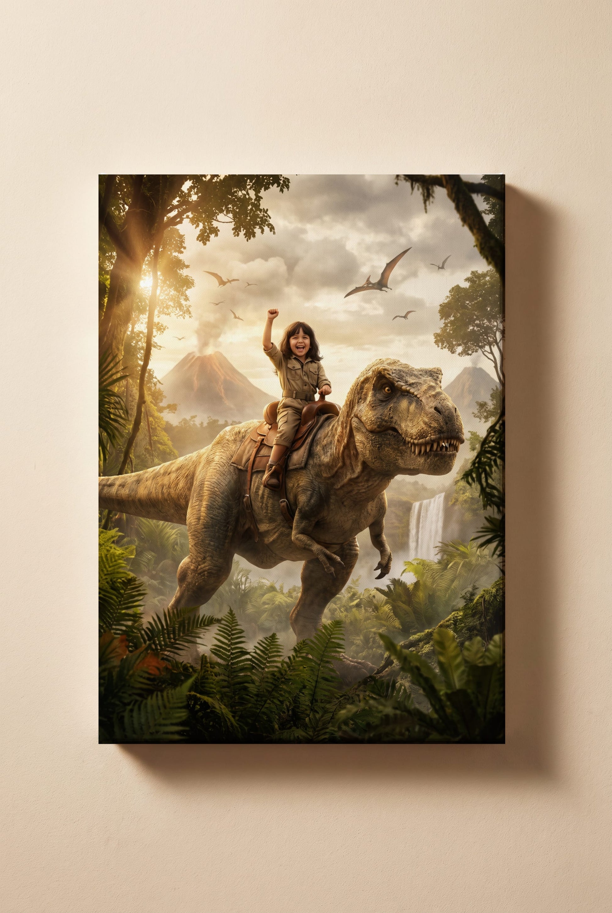 Personalized dinosaur rider artwork shown on canvas