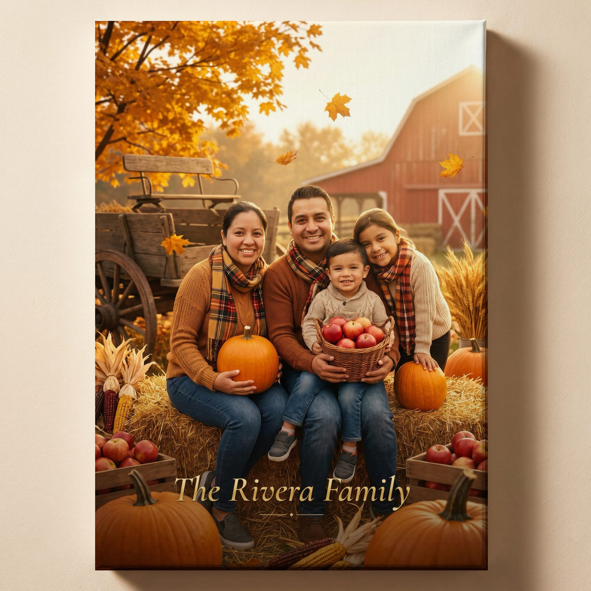 Personalized autumn harvest family portrait with the family's names as a title, shown on canvas
