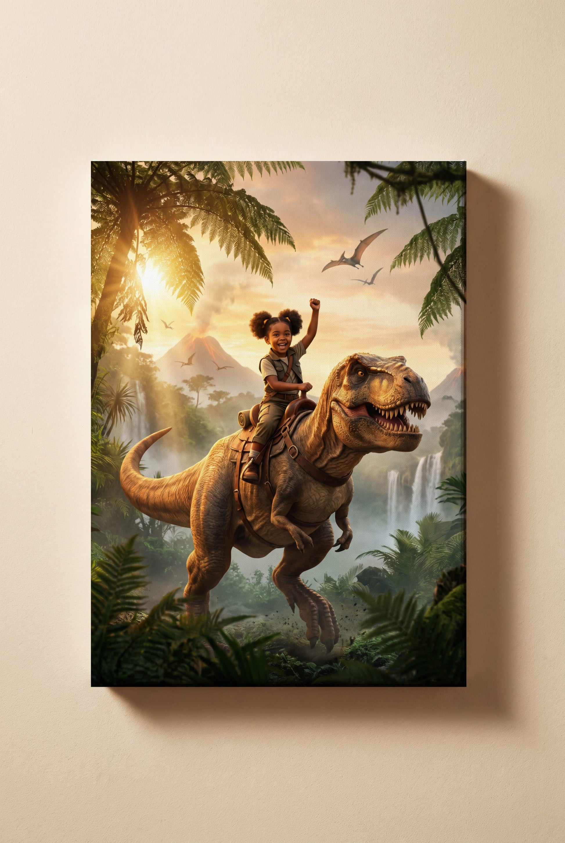 Personalized dinosaur rider artwork shown on canvas