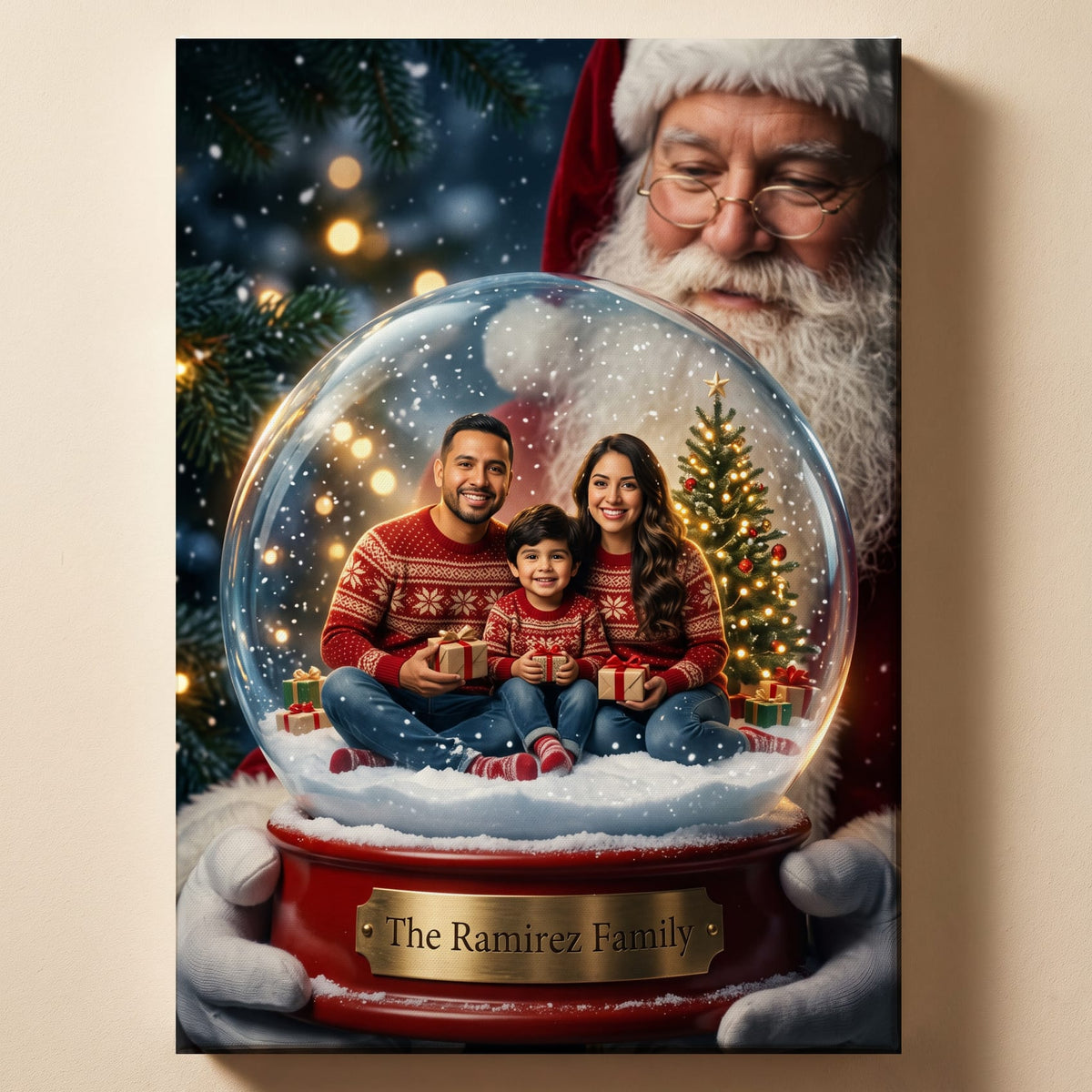 Personalized Christmas snow globe portrait shown on canvas