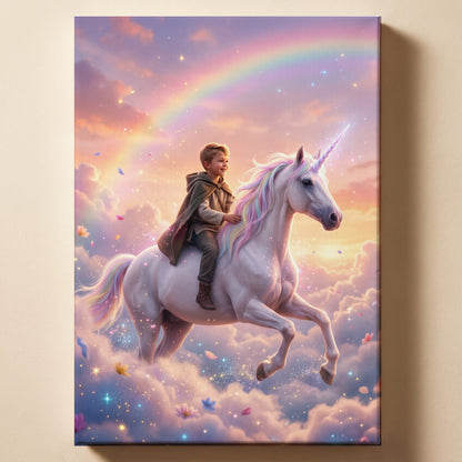 Personalized unicorn rider artwork shown on canvas
