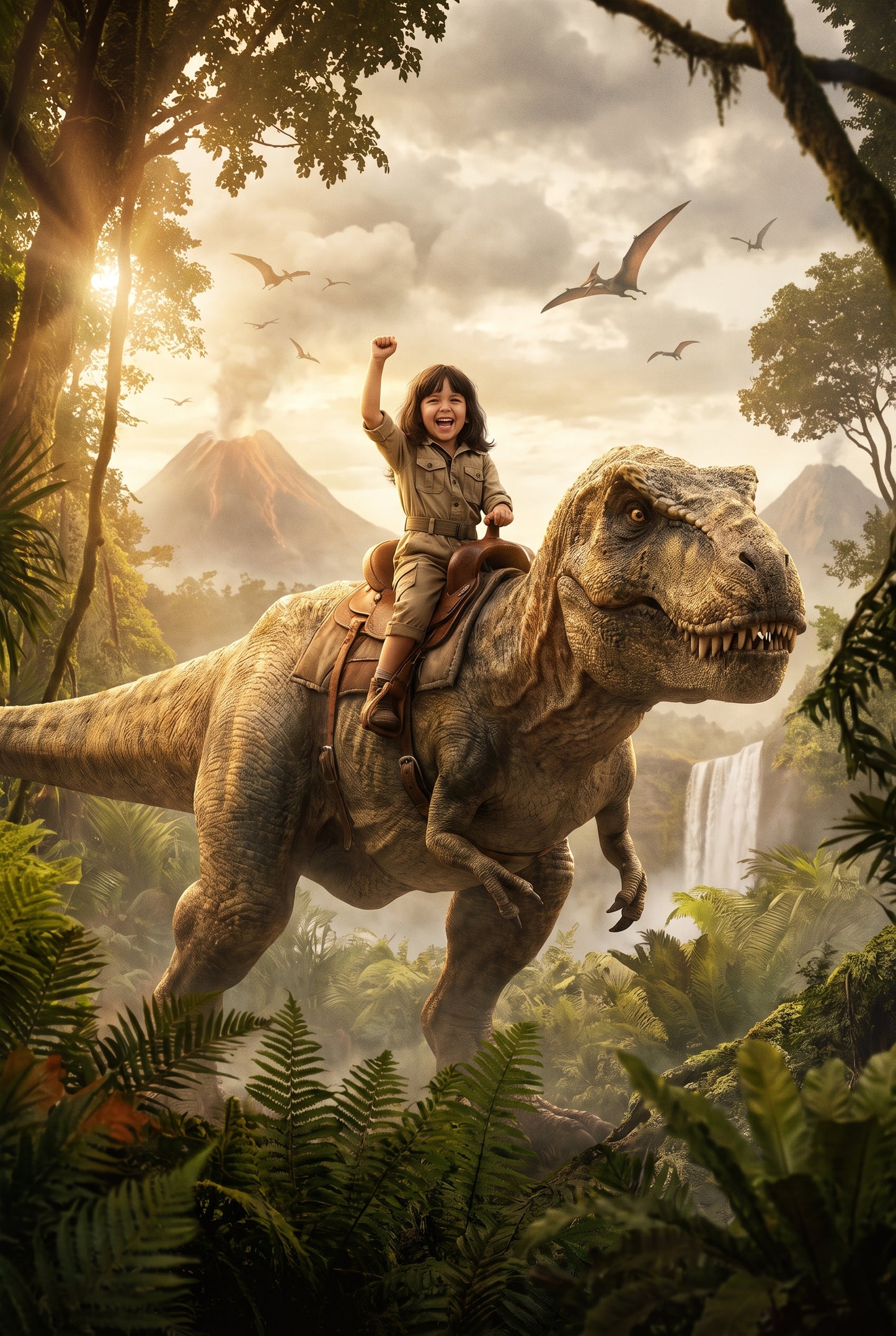 Personalized portrait of a child riding a friendly T-Rex through a prehistoric jungle