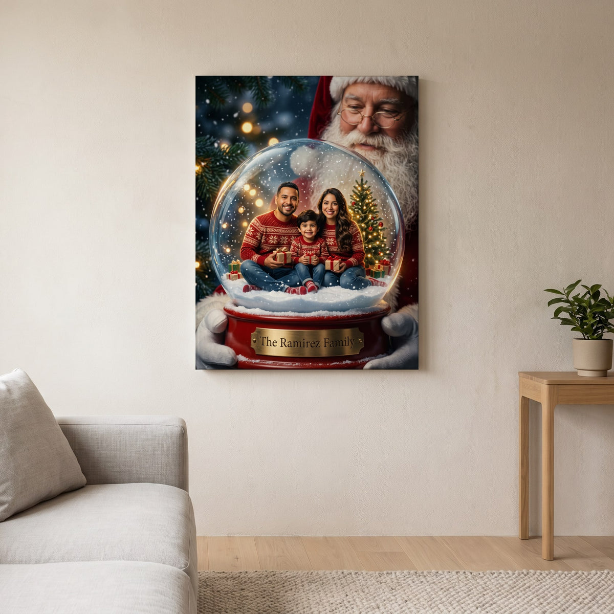 Personalized Christmas snow globe portrait shown on canvas