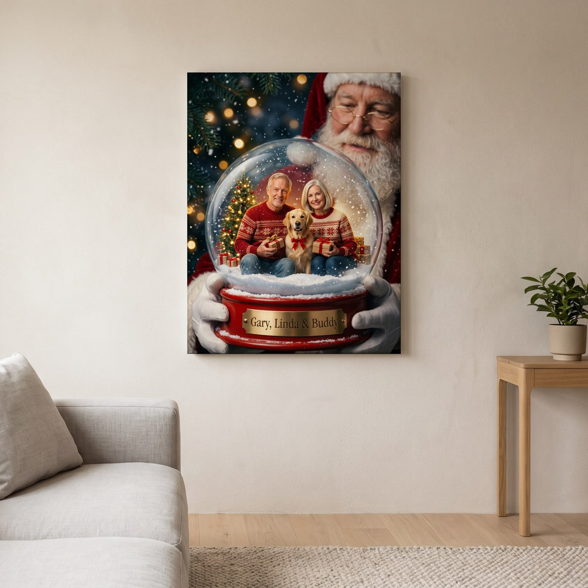 Personalized Christmas snow globe portrait shown on canvas