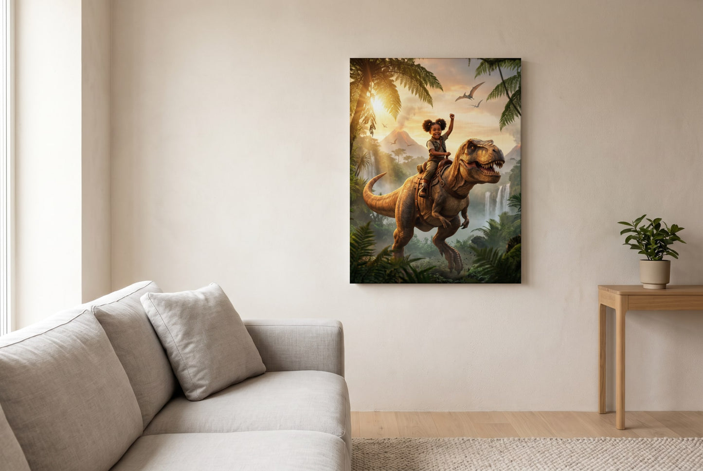 Personalized dinosaur rider artwork shown on canvas