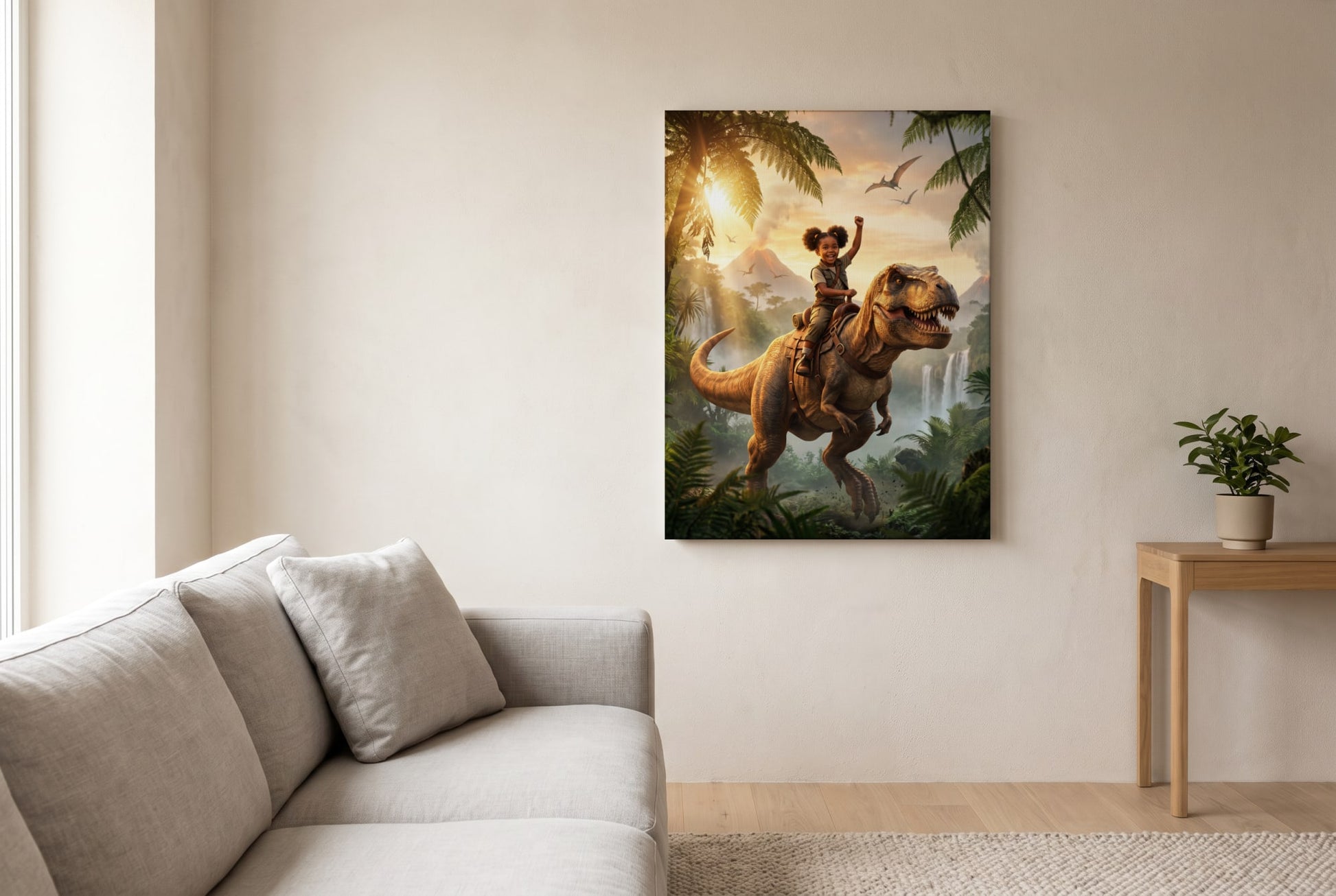 Personalized dinosaur rider artwork shown on canvas