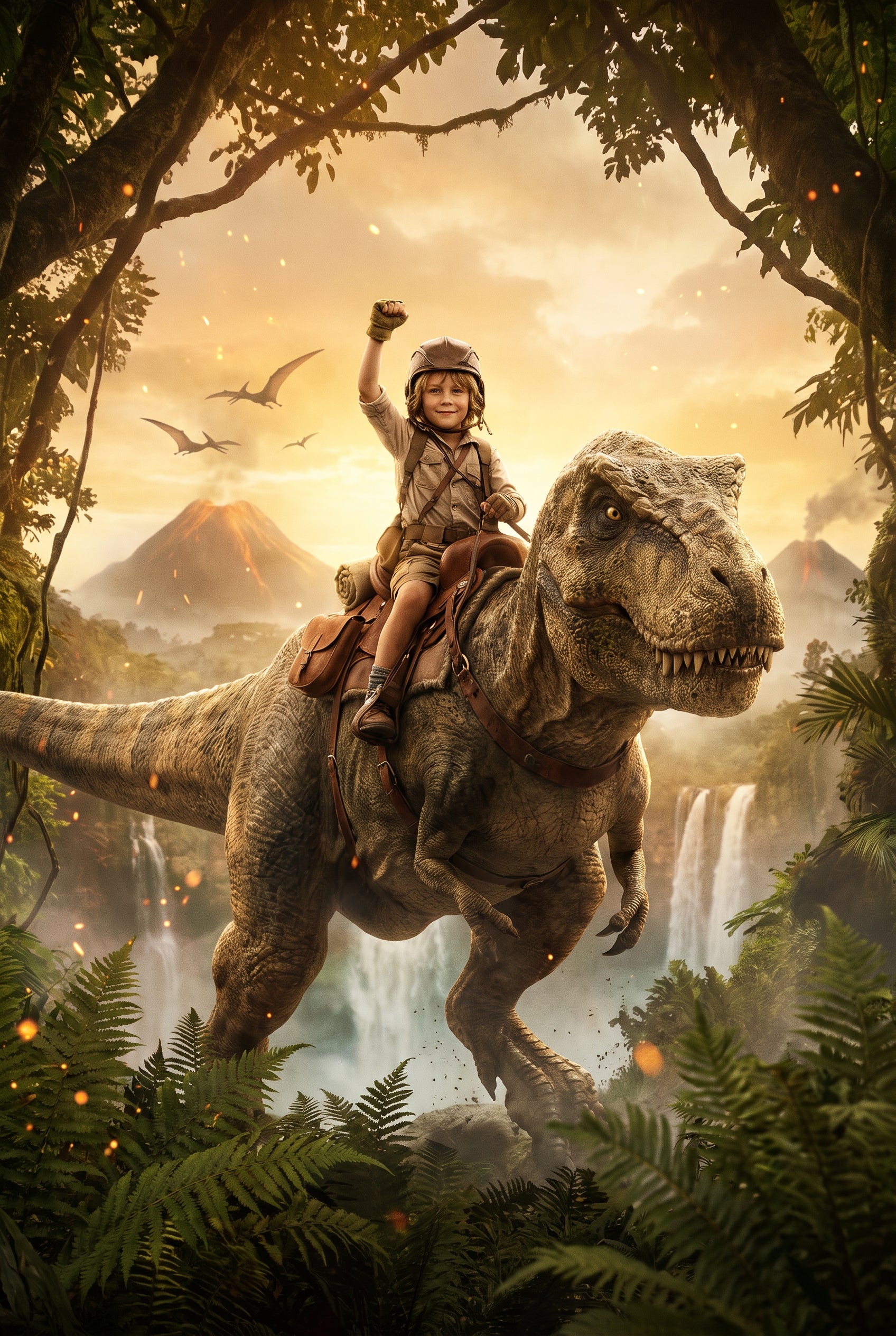 Personalized portrait of a child riding a friendly T-Rex through a prehistoric jungle