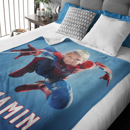 personalized spiderman blanket on bed