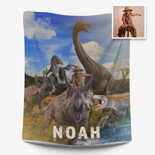 dino chaos personalized blanket with photo and name