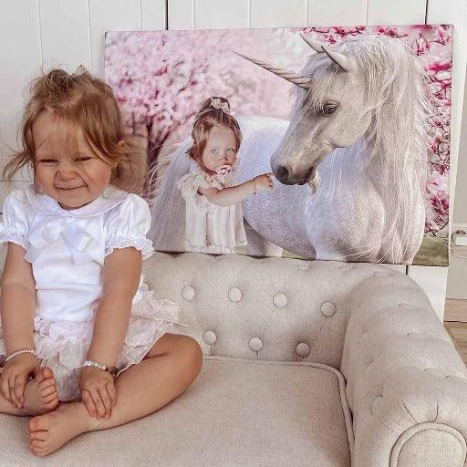 Girl next to her own Pink Unicorn portrait