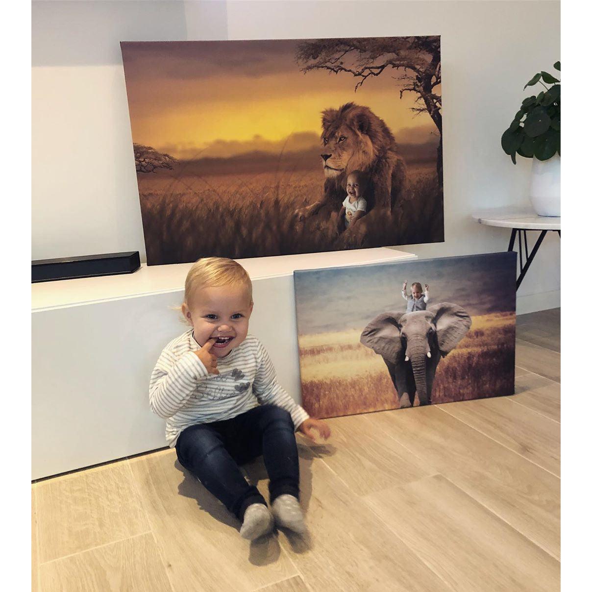 Customer on floor together with two portraits
